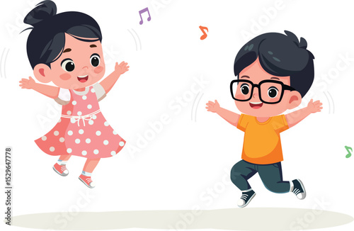 Happy Asian Toddler Boy and Girl Jumping – Cartoon Vector Illustration