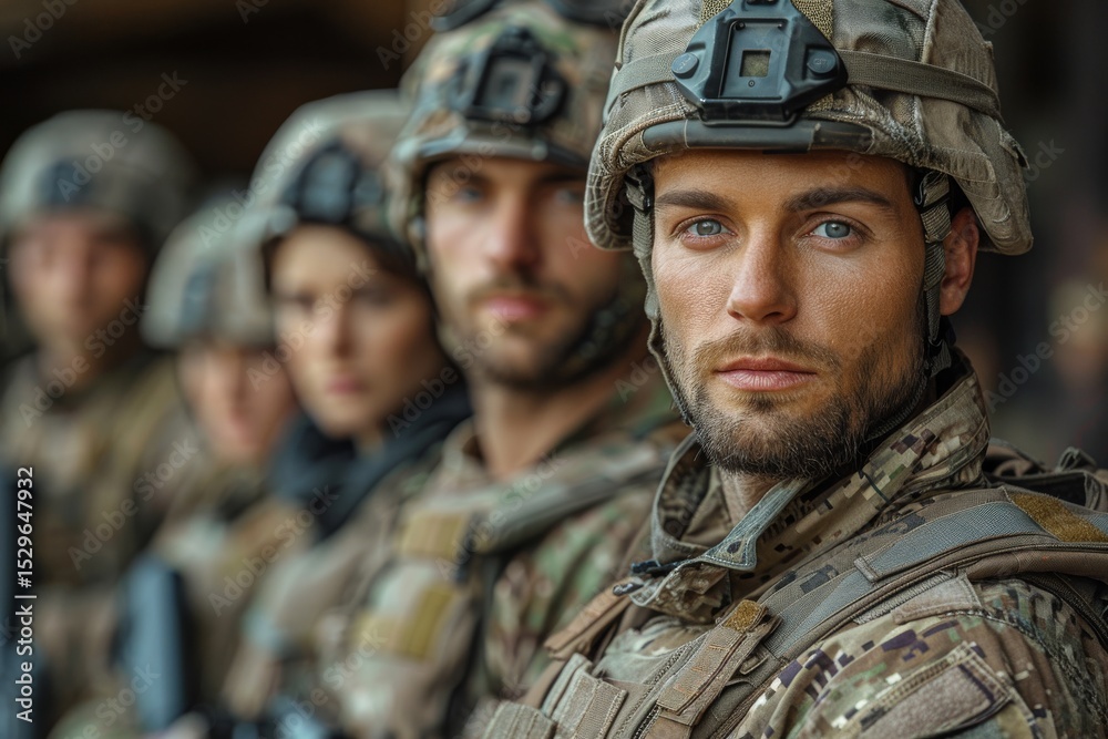 Fototapeta premium A close-up of a group of focused soldiers in tactical gear, embodying bravery and camaraderie, prepared for action amidst the challenges of military service.