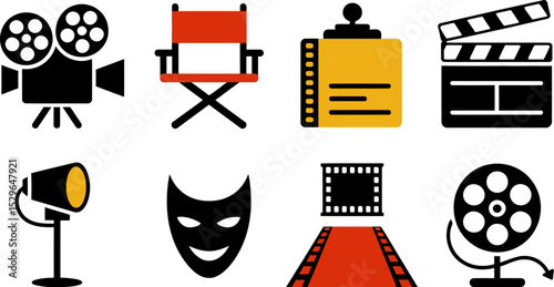 Movie making equipment elements vector illustration for film production and cinema industry design set editable stock vector illustration