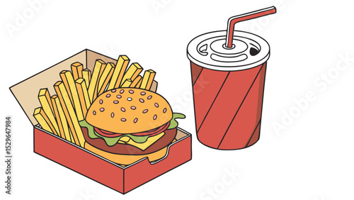 Overhead View of a Classic Fast Food Meal Burger, Fries, and Soda