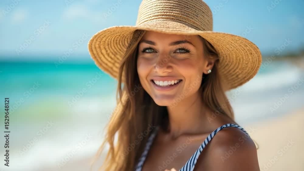 Woman in Hat on Beach: Portrait for Summer Vacation Ads, Travel Brochures, or Lifestyle Magazines