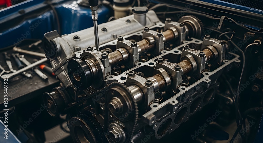 Fototapeta premium old car engine block open cover under service maintenance, repair internal fix camshaft cylinder head area