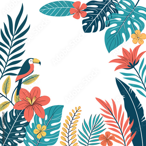 Vibrant Tropical Floral Frame with Toucan Bird Vector Border Design for Summer Invitations, Cards, and Prints