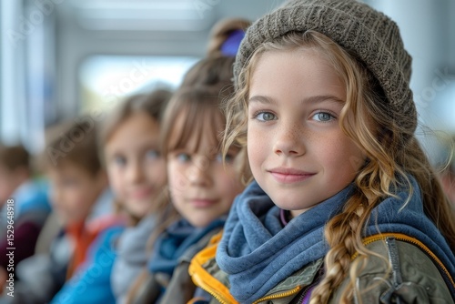 A stylish young girl wearing a cozy beanie looks confidently at the camera. Her sparkling eyes and charming smile create an artistic and captivating portrait.