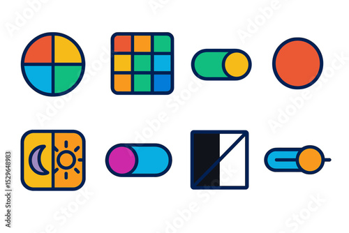 Vibrant UI Icons. Line style icons of bright colors: vibrant circle sample, multicolor grid icon, tinted UI switch, flashy