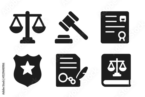 Law and Justice Icons. Solid style icons of law and justice: scale of justice, judge gavel, courthouse, legal document, lawyer