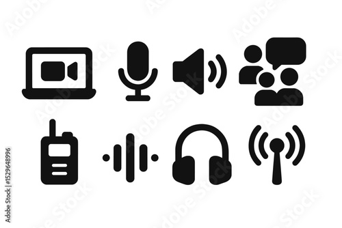 Communication Tools Icons. Solid style icons of communication tools: video call, microphone, speaker icon, group chat,
