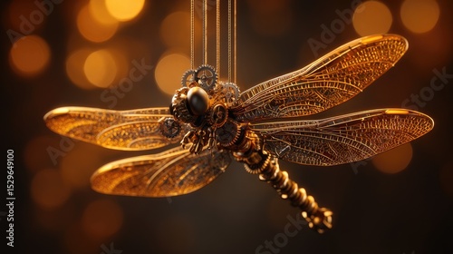 Detailed steampunk dragonfly ornament against a blurred background.