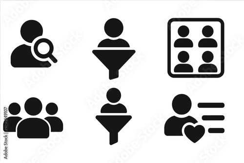 User Search Icons. Solid style icons of search and filter users: user with magnifier, profile filter icon, user search result,