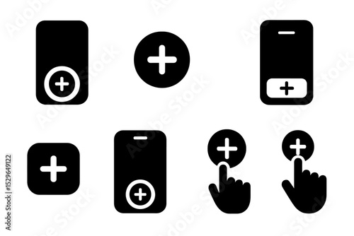 Mobile Add Icons. Solid style icons of mobile add buttons: bottom floating + icon, circle button add, FAB add icon, mobile bar