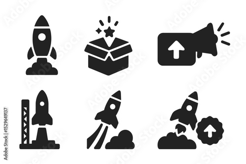 Digital Launch Icons. Solid style icons of launch in digital marketing: rocket icon, product release, go live button, campaign