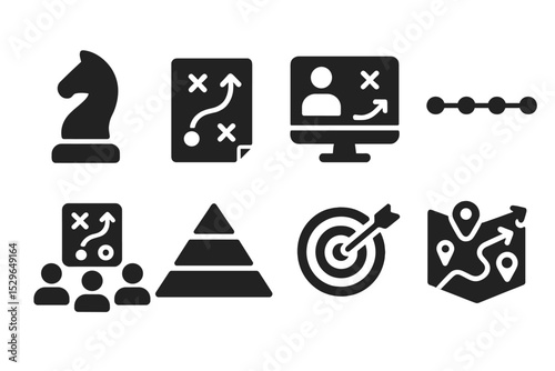 Strategy Icons Collection. Solid style icons of strategy planning in remote teams: chess piece icon, roadmap plan, virtual