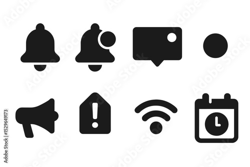 Solid Notification Icons. Solid style icons of remote notifications: bell icon, alert badge, popup notice, unread dot,
