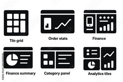Solid Dashboard Icons. Solid style icons of dashboards and metrics: tile grid icon, KPI blocks, order stats, inventory dashboard,