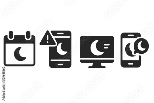Bedtime Reminder Icons. Solid style icons of bedtime reminder: calendar with moon icon, time-to-sleep alert icon, screen with