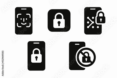 Phone Security Icons. Solid style icons of phone lock: face ID symbol on phone, secure app lock icon, device with lock pattern,