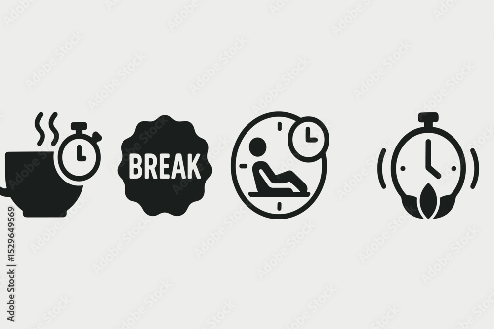 Break Timer Icons. Solid style icons of break timer: tea cup with stopwatch icon, break alert badge, rest session countdown, calm Break Timer Icons. Solid style icons of break timer: tea cup with stopwatch icon, break alert badge, rest session countdown, calm