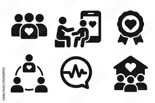 Health Icons Collection. Solid style icons of health social systems: patient community, support group, wellness feed, social badge