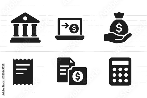 Banking Icons Set. Solid style icons of banking systems: bank building, online transfer, ATM card, deposit icon. Solid style of