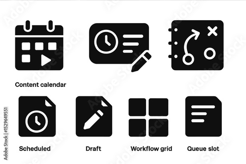 Content Planning Icons. Solid style icons of content planning: content calendar, timeline card, planner page, strategy map. Solid