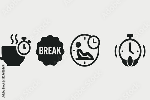 Break Timer Icons. Solid style icons of break timer: tea cup with stopwatch icon, break alert badge, rest session countdown, calm