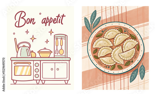 A set of naive drawings from two vectors: Kitchen with the inscription "Bon Appetit" and a plate of delicious dumplings