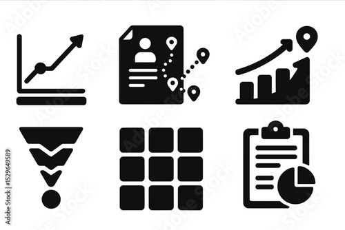 Platform Strategy Icons. Solid style icons of platform strategy: trend plan, post map, growth route, content path. Solid style of