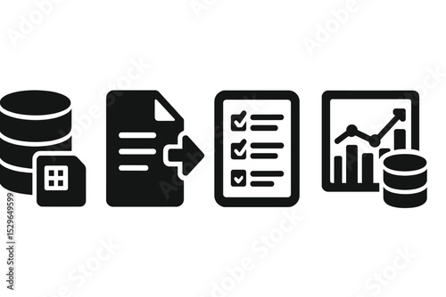 Solid Data Icons. Solid style icons of project data: data icon, export file, project records, tracking sheet. Solid style of CSV