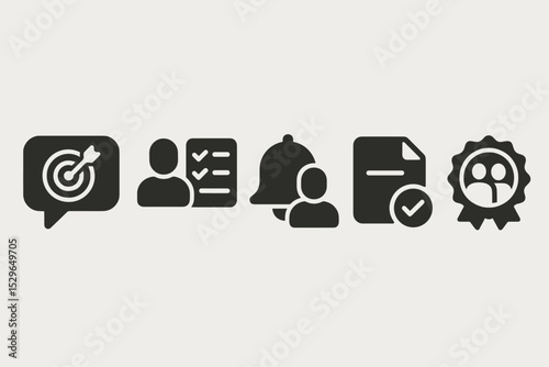 Accountability Icons Collection. Solid style icons of accountability partner: chat bubble with goal icon, connected users with