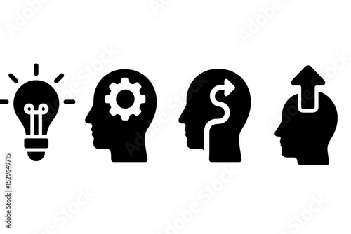 Mental Health Icons. Solid style icons of mental health innovation: innovation light, solution mind, smart path, new practice.