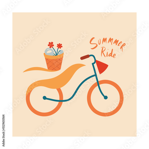 Bicycle with Basket of Flowers and Towel Near Sand