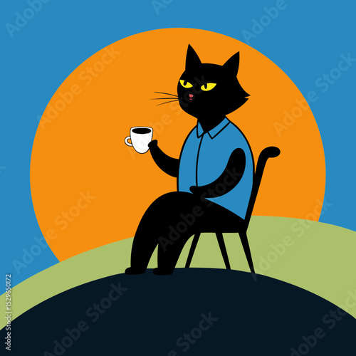 Vector illustration of a cat sitting on a mountaintop and drinking coffee.