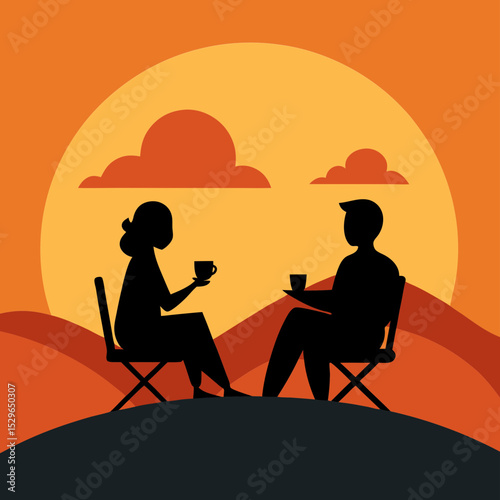 Vector illustration of a couple sitting on a mountaintop drinking coffee.