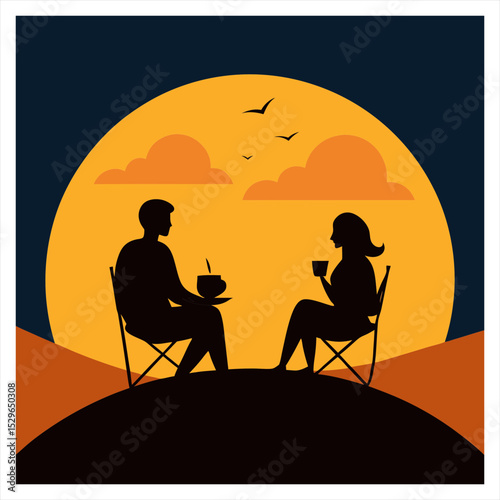 Vector illustration of a couple sitting on a mountaintop drinking coffee.