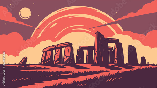 Sunset over Stonehenge A Vector Illustration of Prehistoric Megaliths at Dusk
