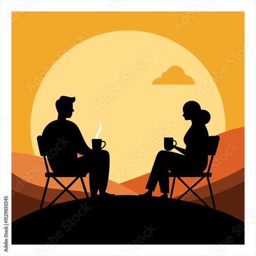 Vector illustration of a couple sitting on a mountaintop drinking coffee.