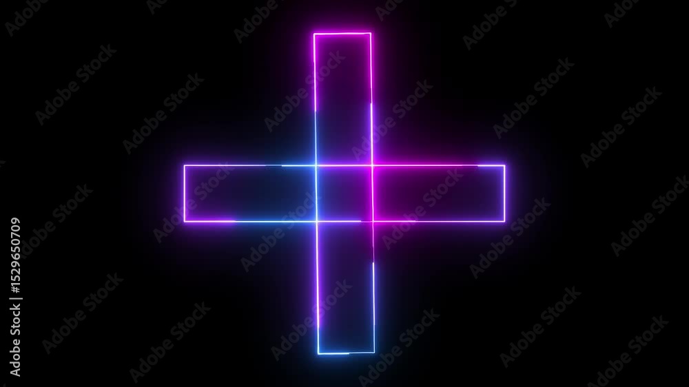 plus sign icon animation glowing neon pink and blue color positive add sign symbol on black background