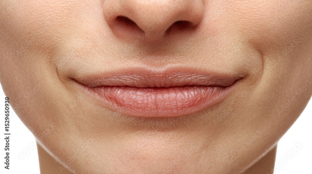 Obraz premium Close up of perfect natural female lips smiling slightly, showing healthy skin and lip texture on a transparent background, ideal for beauty and cosmetic projects