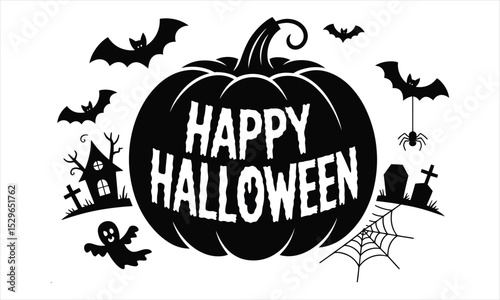 Happy halloween pumpkin with bats ghosts and spider
