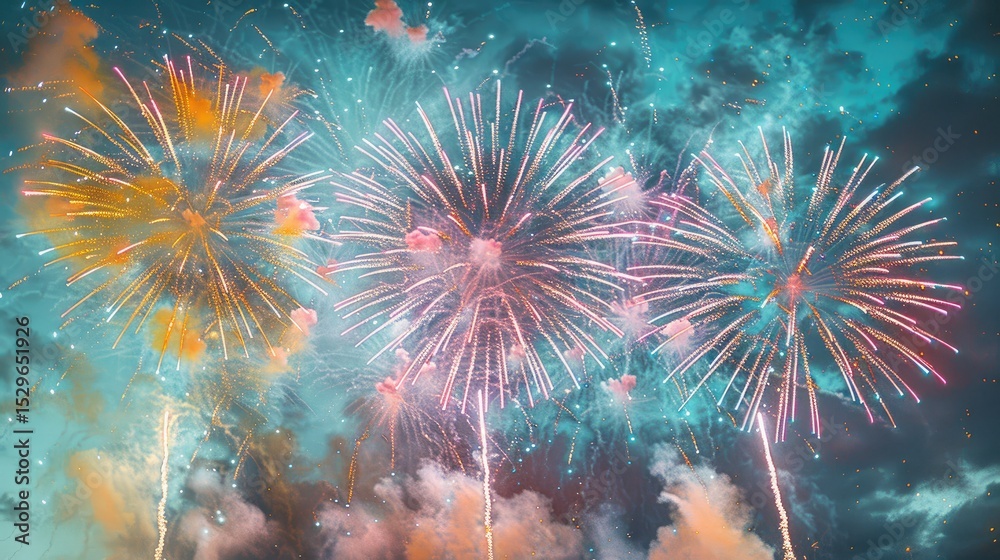 Fototapeta premium Gentle pastel fireworks bursting in watercolor-style splashes of soft yellow, pink, and blue against a twilight sky for New Year 2026.