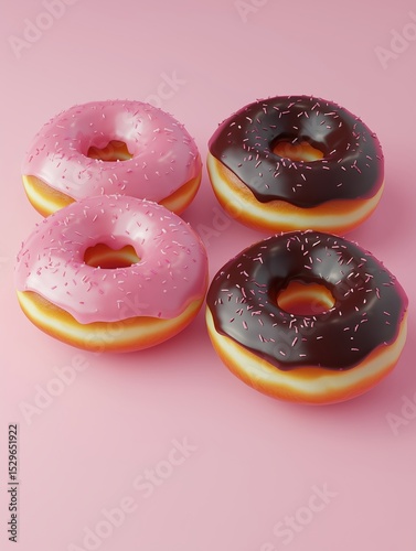 Donuts on a plain clean pink background, studio light, commercial food photography.