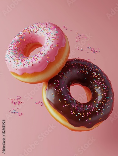 Donuts on a plain clean pink background, studio light, commercial food photography.