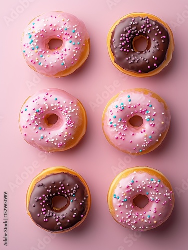 Donuts on a plain clean pink background, studio light, commercial food photography.