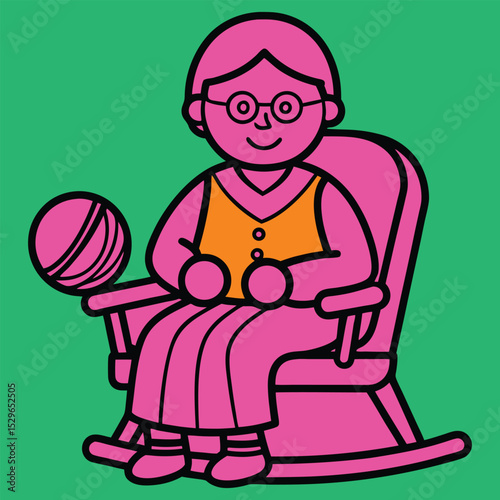 Cartoon Grandma Knitting Image: Pink Granny Relaxing in Rocking Chair with Yarn