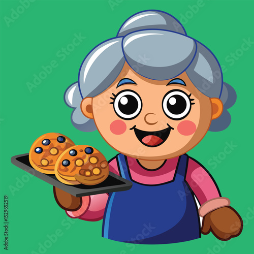 Cartoon Grandma Holding Tray of Freshly Baked Chocolate Chip Cookies Illustration