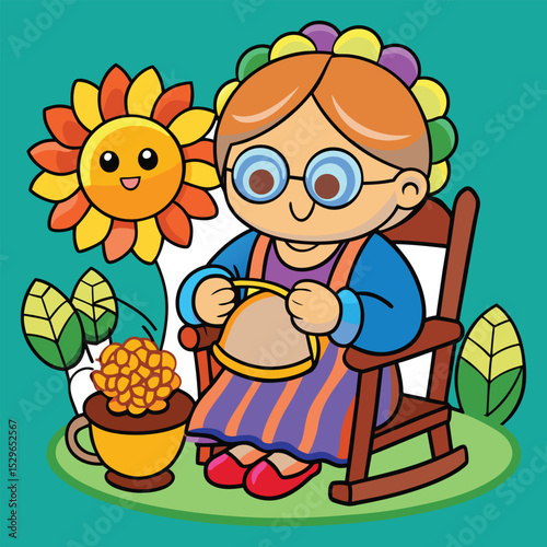 Cartoon Grandma Knitting in Rocking Chair with Sunflower and Plants Illustration