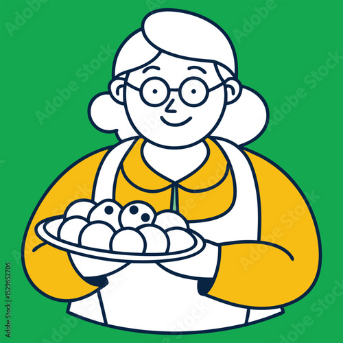Cartoon Grandmother Holding Plate of Delicious Homemade Cookies for Holiday Treat