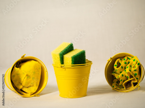 Spring cleaning buckets, sponges and cloths 