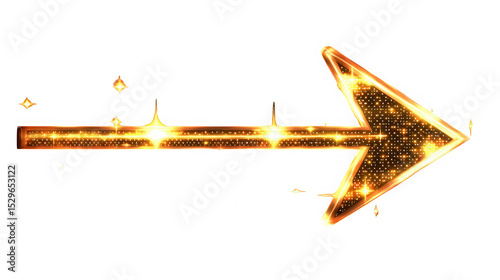 Sparkling golden arrow pointing right, adorned with shimmering stars and bright glow, symbolizes direction and positivity, Isolated cutout on a transparent background