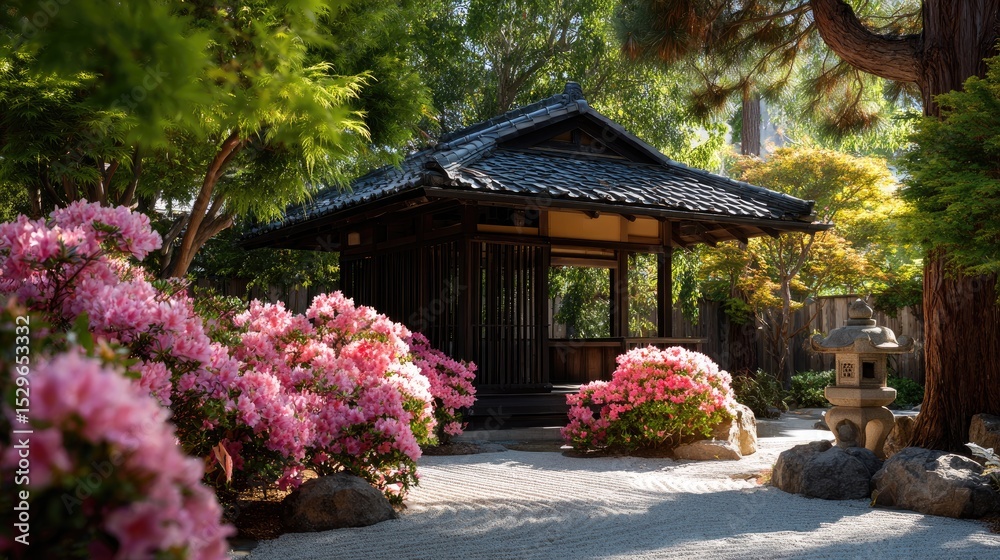 Obraz premium Peaceful japanese garden pavilion surrounded by blossoming azaleas.